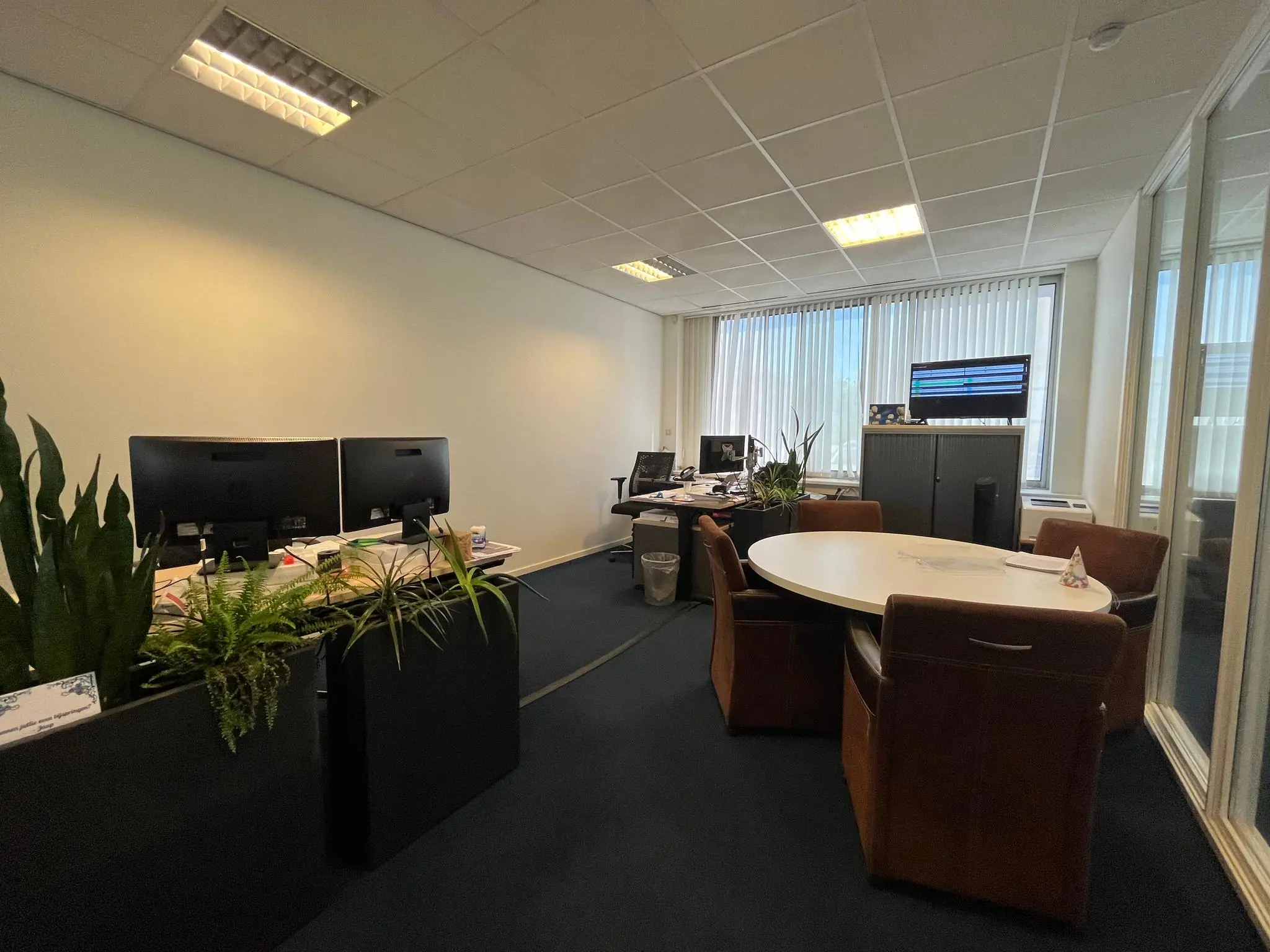 Kantoorruimte aan de Jan van Eycklaan met bureaus, computerschermen, vergadertafel en planten.